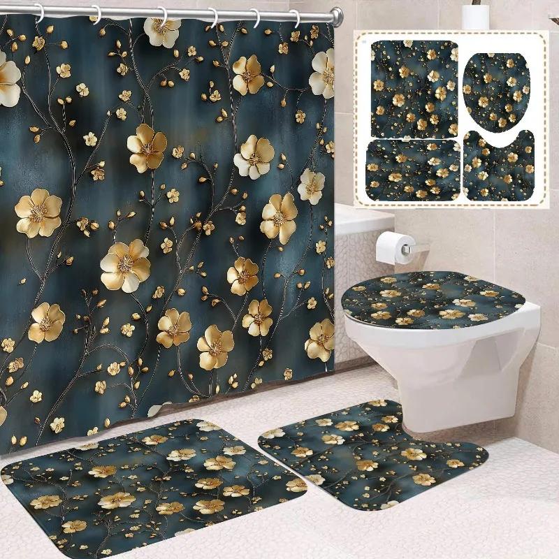 1/4 Stuks Waterdicht en schimmelbestendig Douchegordijn Luxe met Haak Douchegordijn met antislip mat U-vormige mat toiletdekselhoes