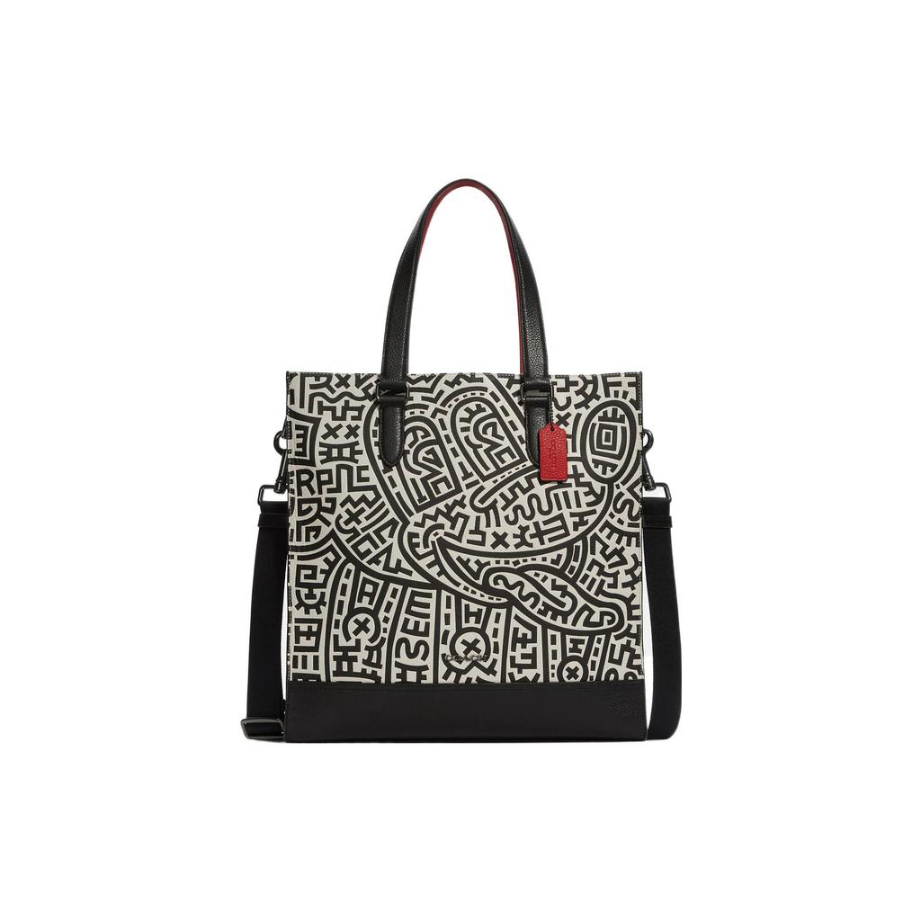 New COACH Keith Haring Collaboration Graham Leather Tote Bag Crossbody Bag Shopping Bag Large Size Women's Black & White C6872-QBA1G