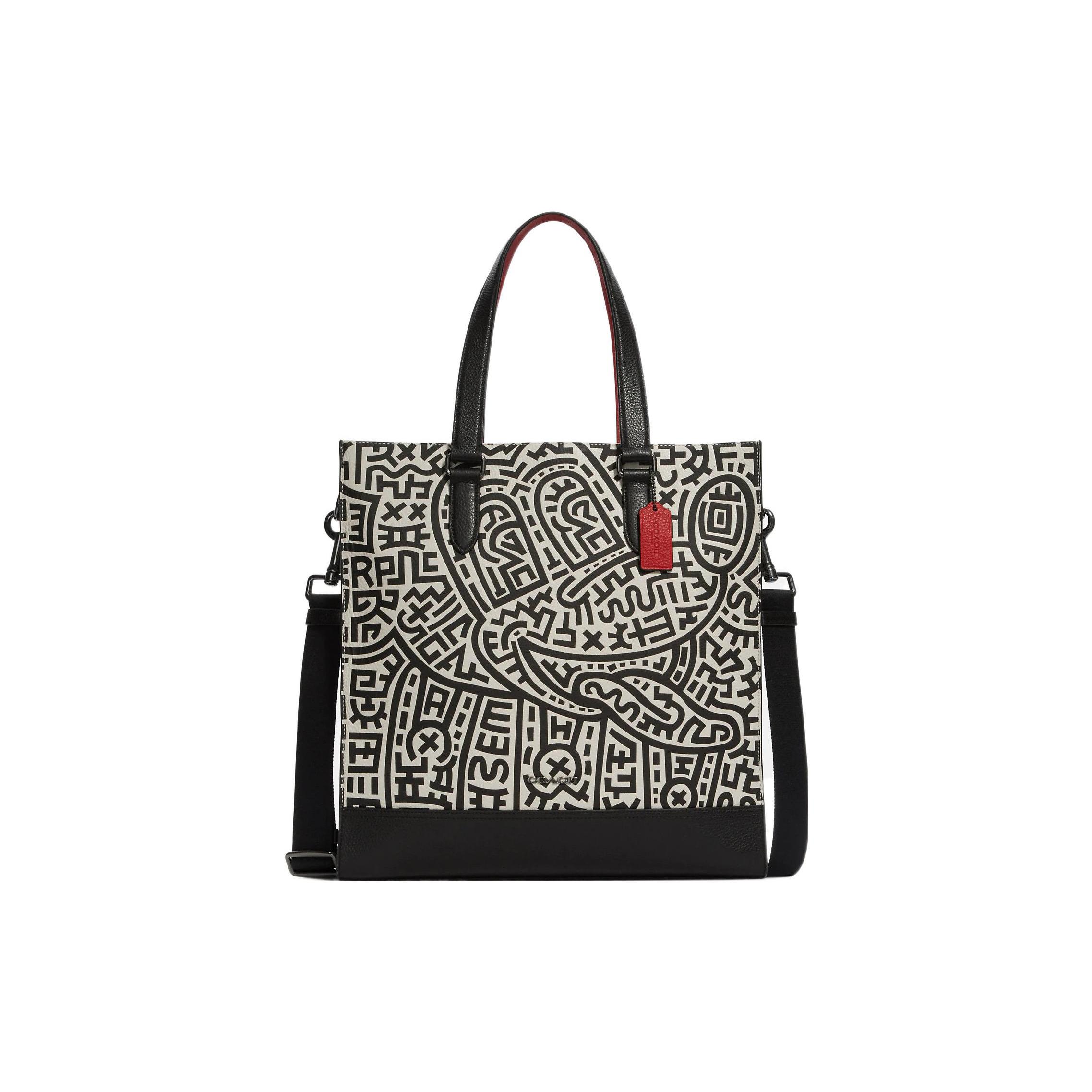 

Новая сумка-тоут из кожи Graham в коллаборации COACH x Keith Haring, сумка через плечо, сумка для покупок, большой размер, женская, черно-белая C6872-QBA1G 36.8*8.4*35.6CM