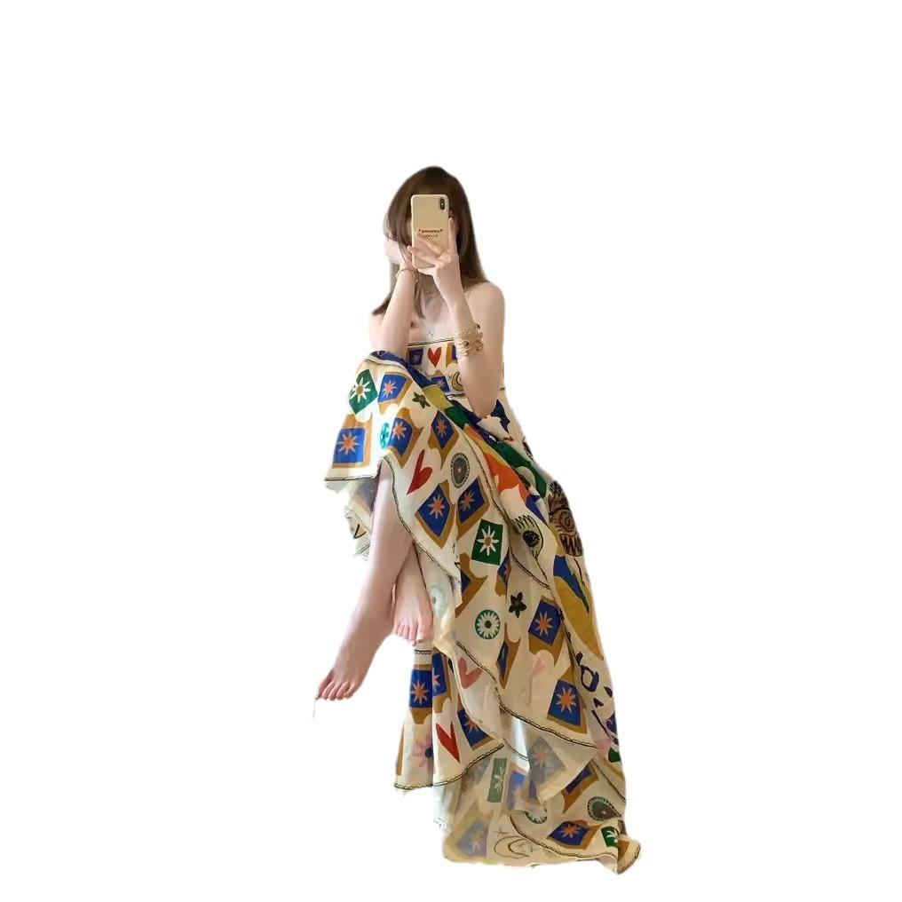 Summer New Sleeveless Collarless High-waisted Printed Painted Women's Large Pendulum Suspender Dress