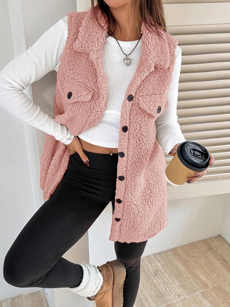 In-Stock Women's Fall/Winter Lapel Button-Up Plush Faux Lambswool Vest Coat - Loose Commuting Style