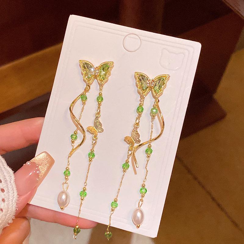 Long Fringed Zircon Earrings Light Luxury Niche Versatile Temperament Bow Stud Earrings