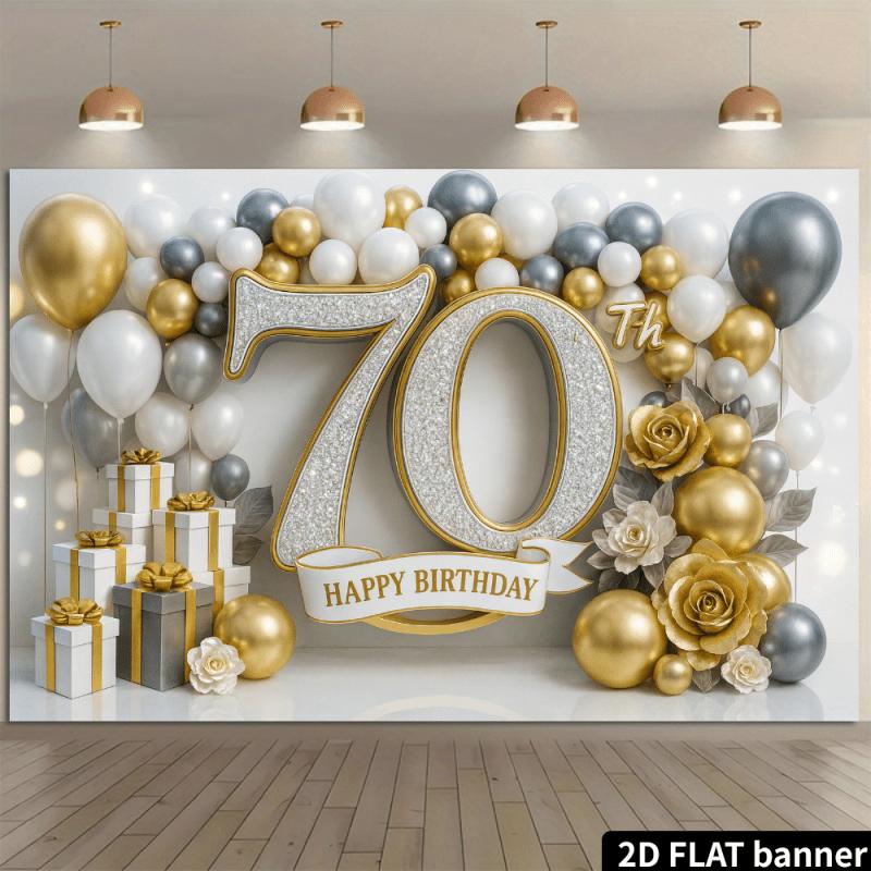 2D rovina 70. narozeniny luxusní pozadí dekorační látka se třpytivými diamanty, číslo „70“ + zlatá balónková dekorace
