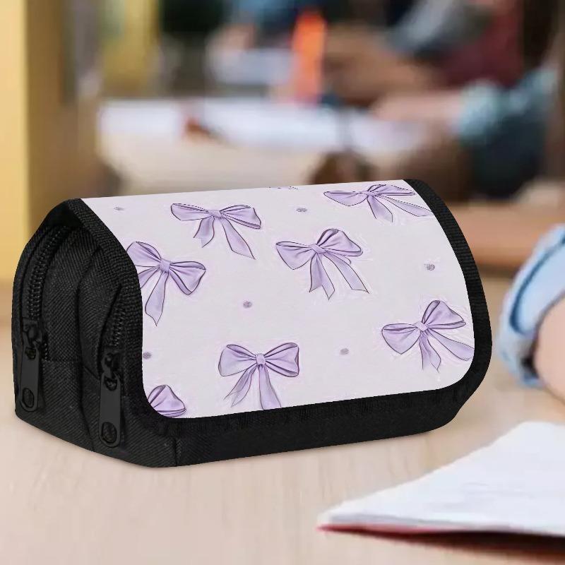 1pc Double Layer Flip Pencil Case - Pale Purple Bows, Large Capacity, Portable Polyester Pen Storage Bag with Zipper Closure, Ideal for School & Offic
