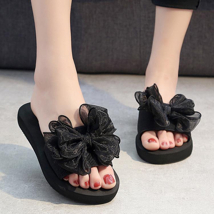 New Ladies Korean Bowknot Thick Bottom Height Increasing Sandals - Non-slip Flat Bottom Herringbone Beach Sandals for Outdoor Casual Wearing