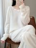 Women's 3D Honeycomb Stitch V-Neck Wool Sweater, Long Sleeve Loose Crochet Knitwear