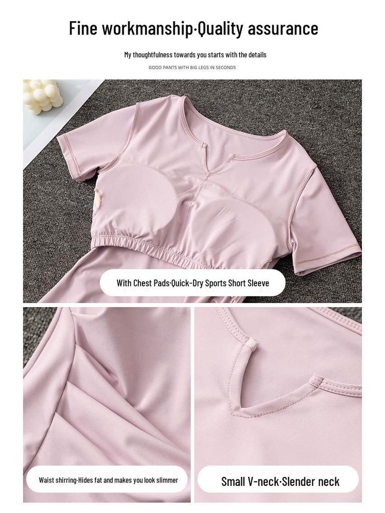 Damen Sommer Sportbekleidungsset: Schnelltrocknendes Tennis-, Badminton-, Yoga- und Lauf-Outfit mit kurzärmeligem Oberteil und Rock.