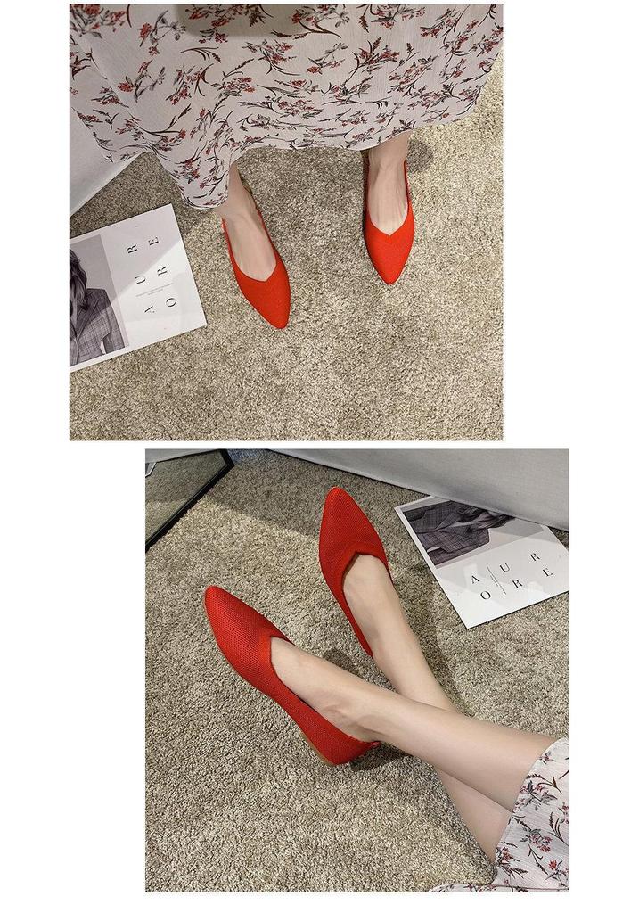 Solid Color Pointed Toe Women's Slip-On Flats - Breathable, Low Heel, Casual Knit Design
