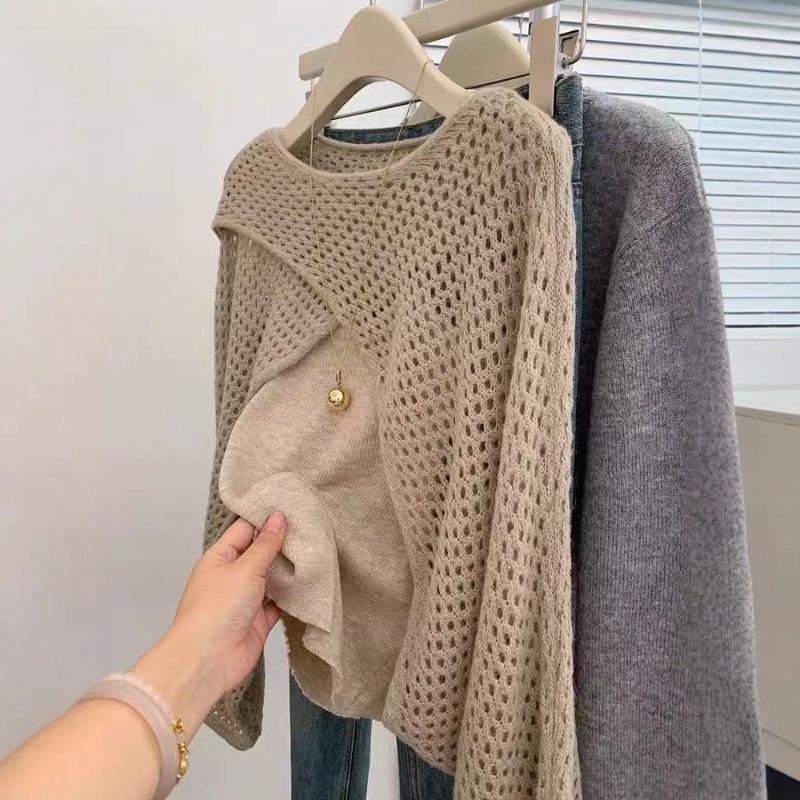 With shawl card color stacking, two-piece long-sleeved knitted sweater, women's new top, high-end autumn wear