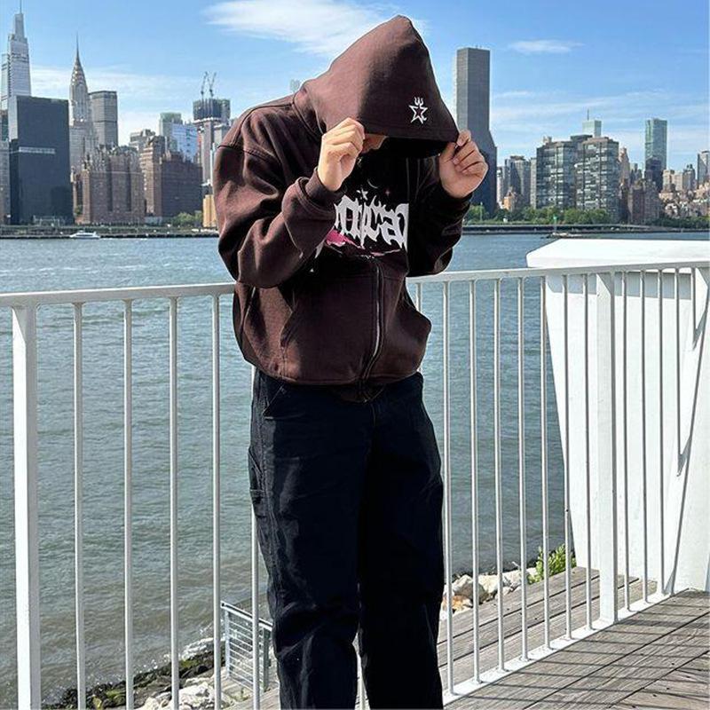 Y2K Autumn and Winter Hip-hop Letter Printed Men's and Women's Street Casual Zipper Long Sleeved Hooded Sweatshirt