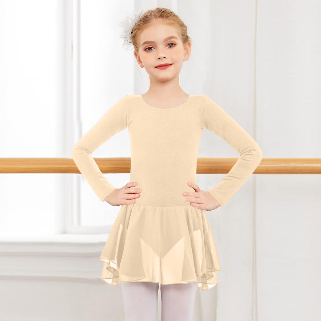 Girls' Color Long-sleeved Tulle Bodysuit Dance Costume