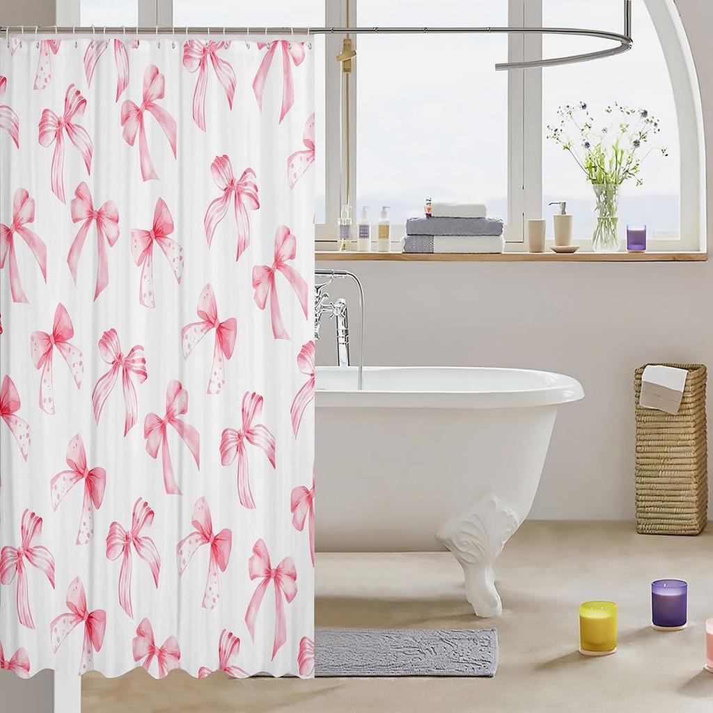 Feelyou Pink Bow Bath Curtain for Kids Boys Girls 72"x72" Cute Dreamy Princess Style Shower Curtain Waterproof Bow Pattern Bathroom Shower Curtain
