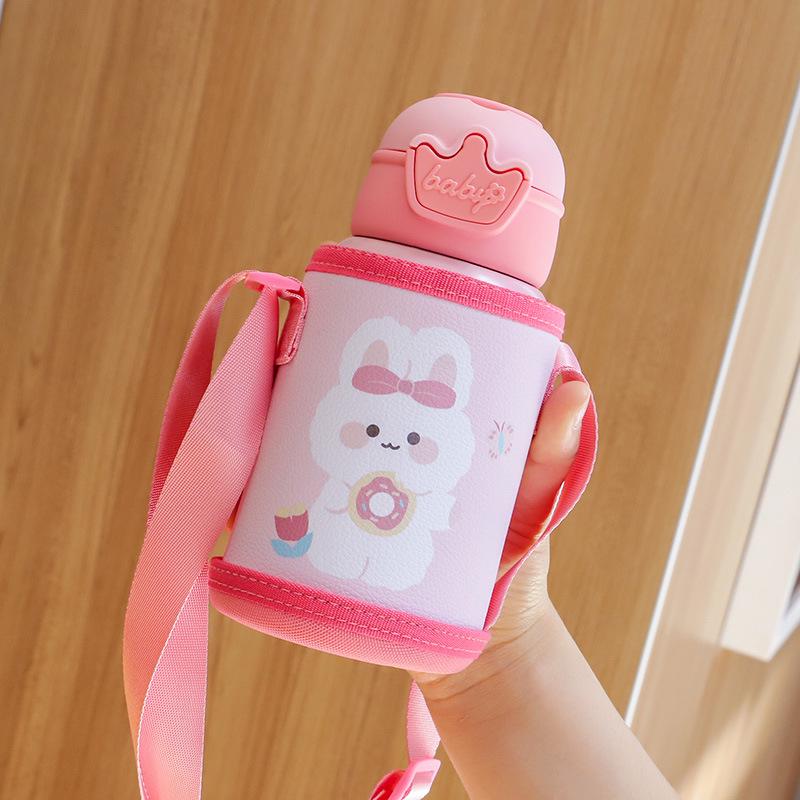 Kids' Outdoor Thermos Cup - Deer Antler Design, Straw & Smart Lid, Stainless Steel, Cartoon Style with Strap