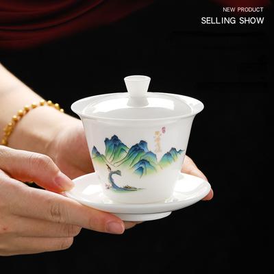 Wykwintna ręcznie malowana biała porcelanowa glina Gaiwan japońska filiżanka Te Zdrowy ceramiczny zestaw do herbaty Zupa z pokrywką Miska Rysunek dłoni lotosu