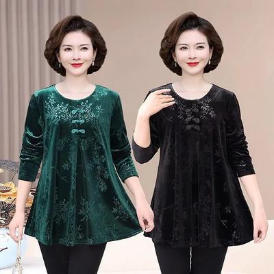 Grote Maat Gouden Fluweel Lente en Herfst T-shirt Lange Mouwen Middelbare Leeftijd en Ouderen Vrouwen Plus Size