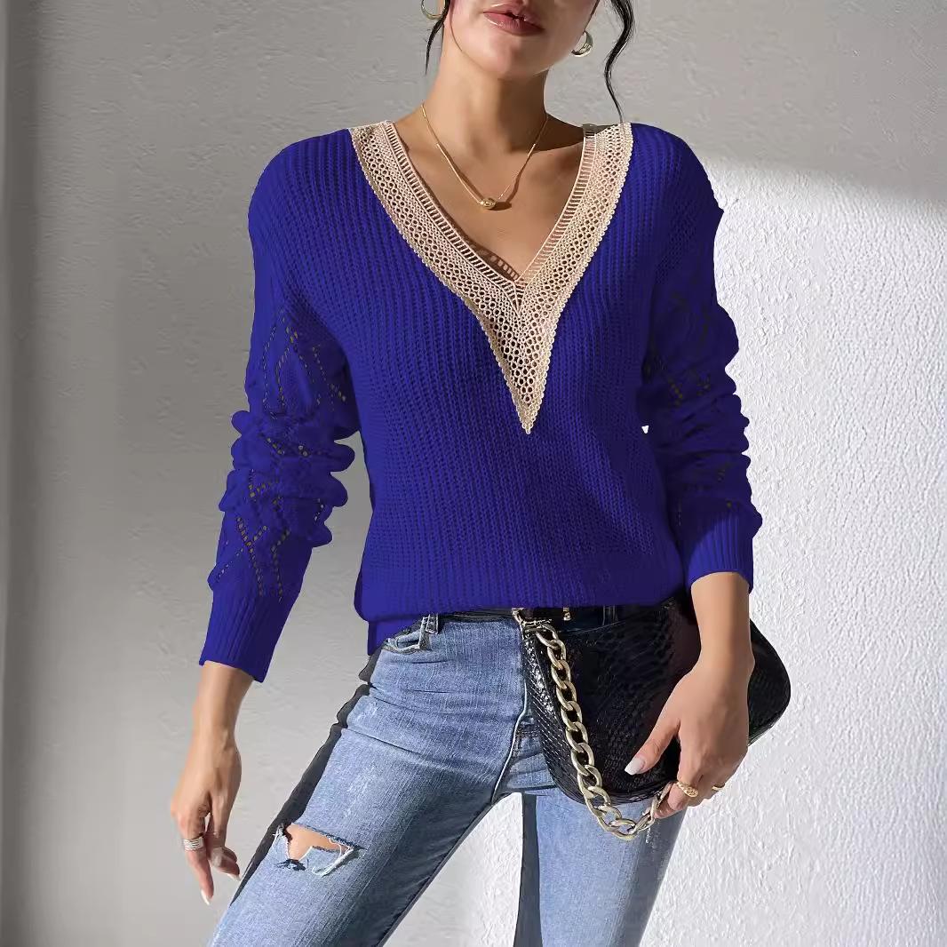 

Women s Top, Women s Clothing, Lace Design, V-neck, Spliced Contrasting Sweater, Pullover Sweater, Casual Base Sweater XL темно-синий