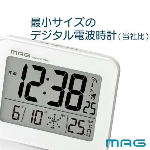 MAG (Mag) Alarm Clock, Compact, Digital, Radio-Controlled Clock with Thermometer, Calendar, Electronic Sound, Alarm, Snooze, and Light, White, Farman