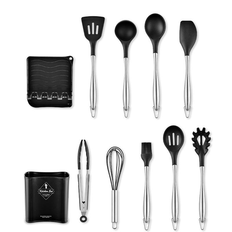 12-Piece Stainless Steel & Silicone Kitchen Utensil Set with Storage Bucket: Spatula, Spoon, Whisk Set