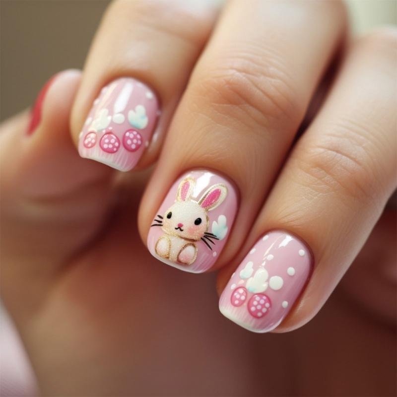 24 Pieces French Styles Artificial Nail With Rabbit Designs Short Square Press on Nail Manicure Nail Art for Women Girls 1