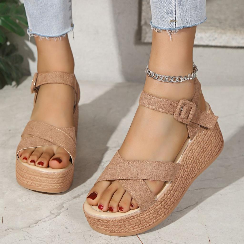Sandals Women's Muffin Wedge Heel Platform Sandals Suede Women's High Heel Sandals