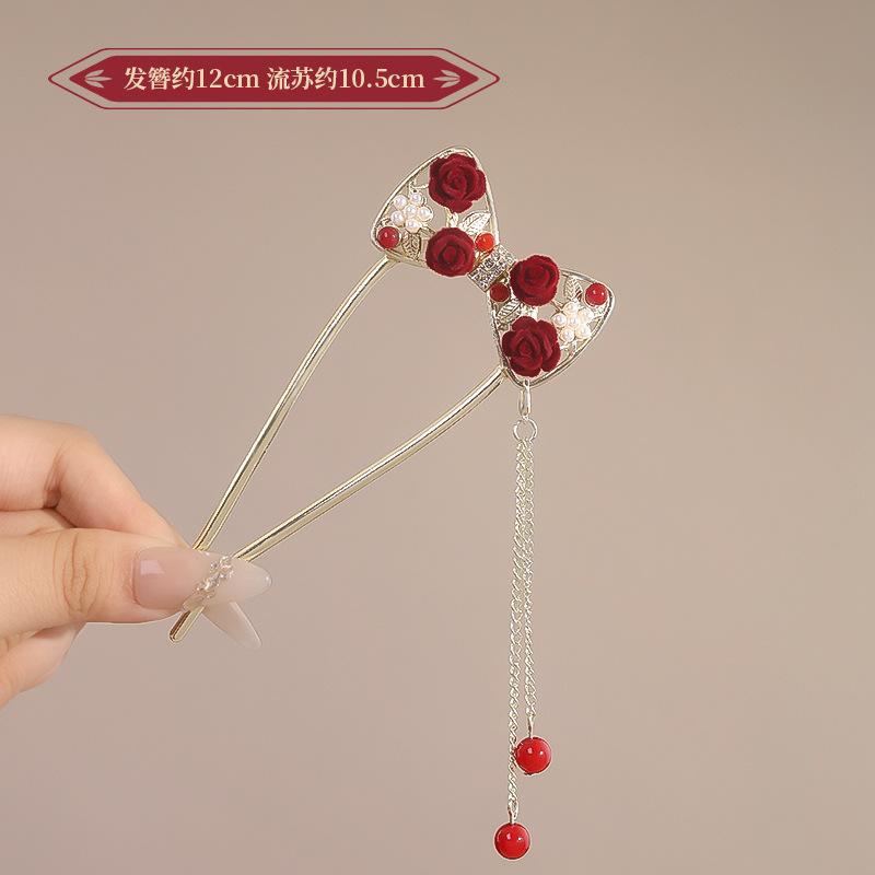 Vintage Chinese Style Rose Hairpin For Women Red Flower Element Tassel Hair Stick Elegant Exquisite Handmade Hair Accessories