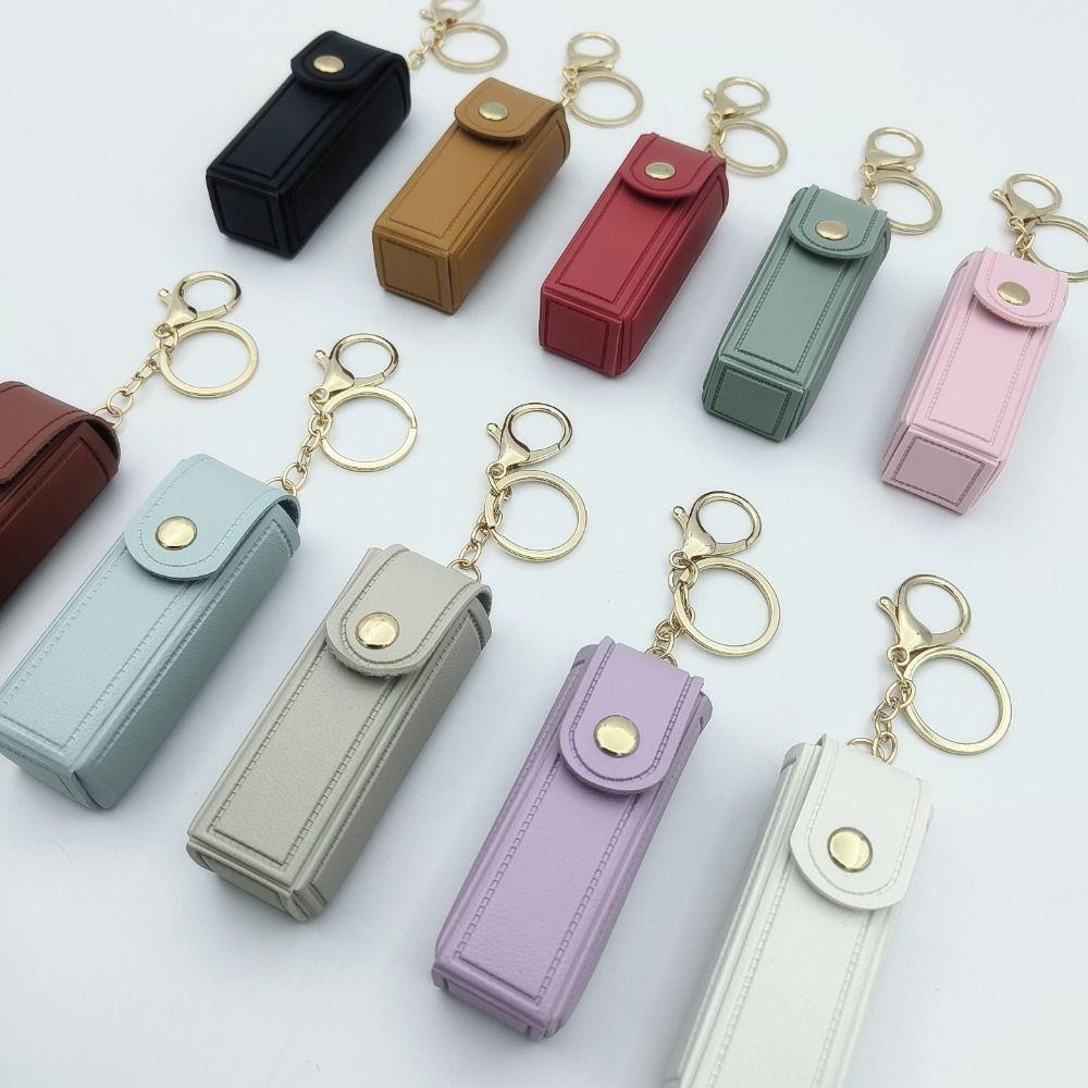 Portable with Mirror Lipstick Bag Compact Mini Lip Balm Holder PU Leather Universal Lip Oil Keychain Travel