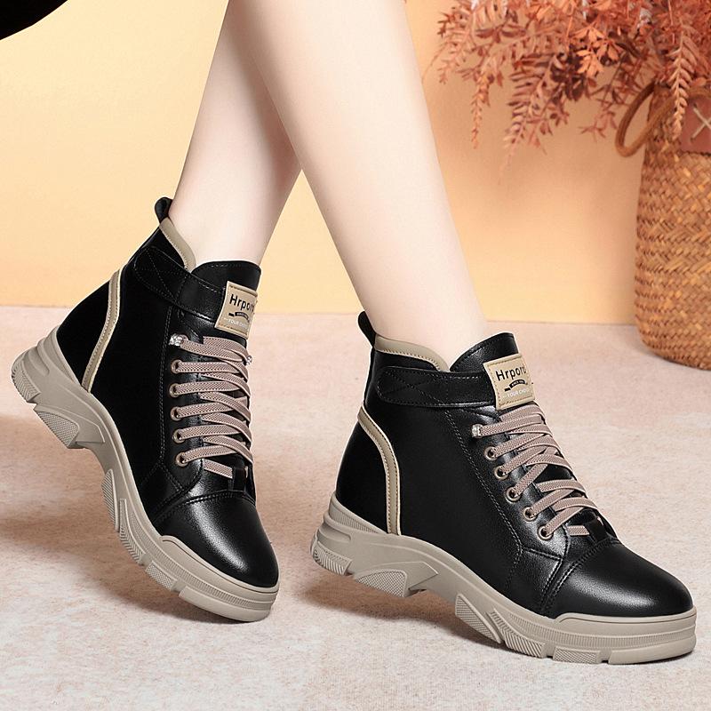Frühling und Herbst Neue Freizeitschuhe Schnürstiefel für Damen Weiße Schuhe Dicke Sohle Plus Samt Weiche Sohle Weiche Oberfläche Damen Baumwollstiefel