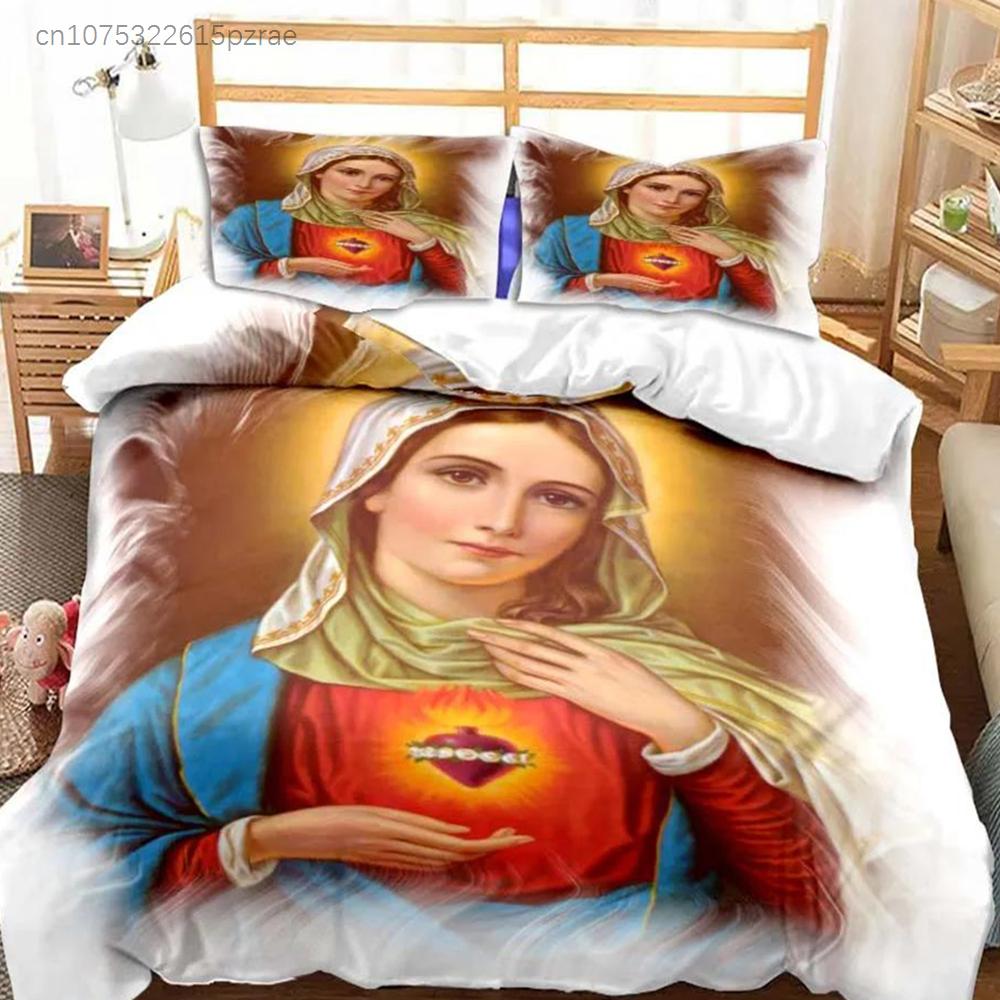 Tema Gesù Vergine Maria Set Biancheria da Letto per Bambini Camera da Letto Copripiumino Set per Letto per Bambini Poliestere Set Copripiumino con Federa