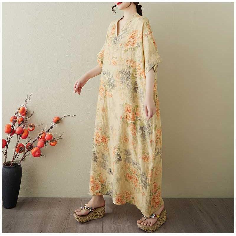 Kvinners Vintage Lang Kjole med Bomulls- og Linputter