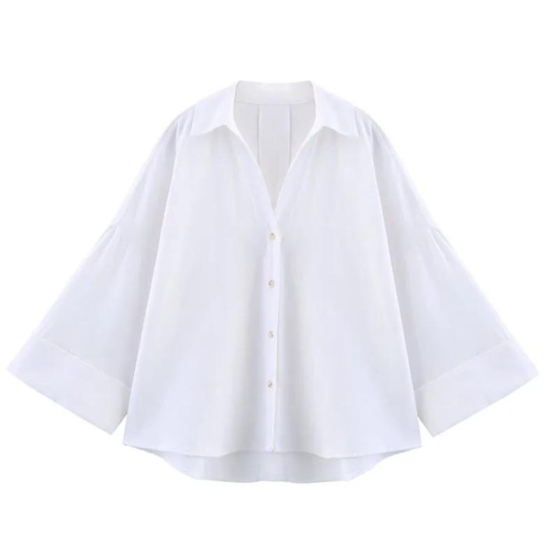 HipSeam Wide Sleeved Shirt Women Spring Asymmetric Hem Button Women's Shirts Simple Lady Johnny Collar Linen Shirts & Blouses
