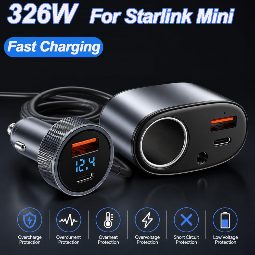 For Starlink Mini Car Charger Fast Charging Lighter Adapter 45W Type C 12V-24V with Voltmeter Auto Accessories