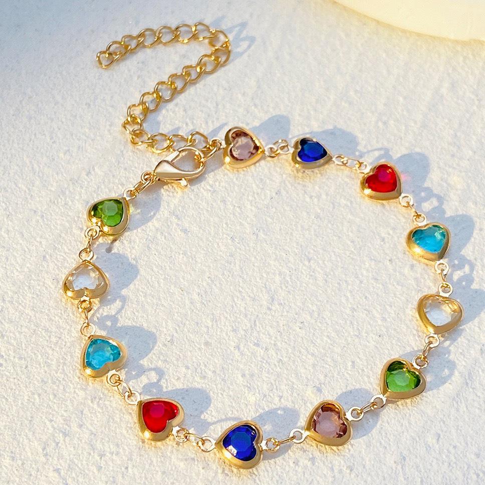 Colorful Heart Zircon Bracelet - European and American Style Alloy Heart-Shaped Dopamine Design