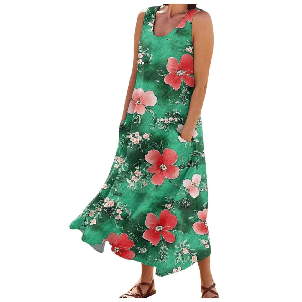 Women's Fashion Summer Casual Sleeveless Floral Printed Small Pocket Dresses