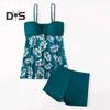 2Pcs/Set Tankini Set Adjustable Straps Padding Underwire Bandeau Tops Boxer Briefs Set Mesh Splicing Design Beach Swimwear