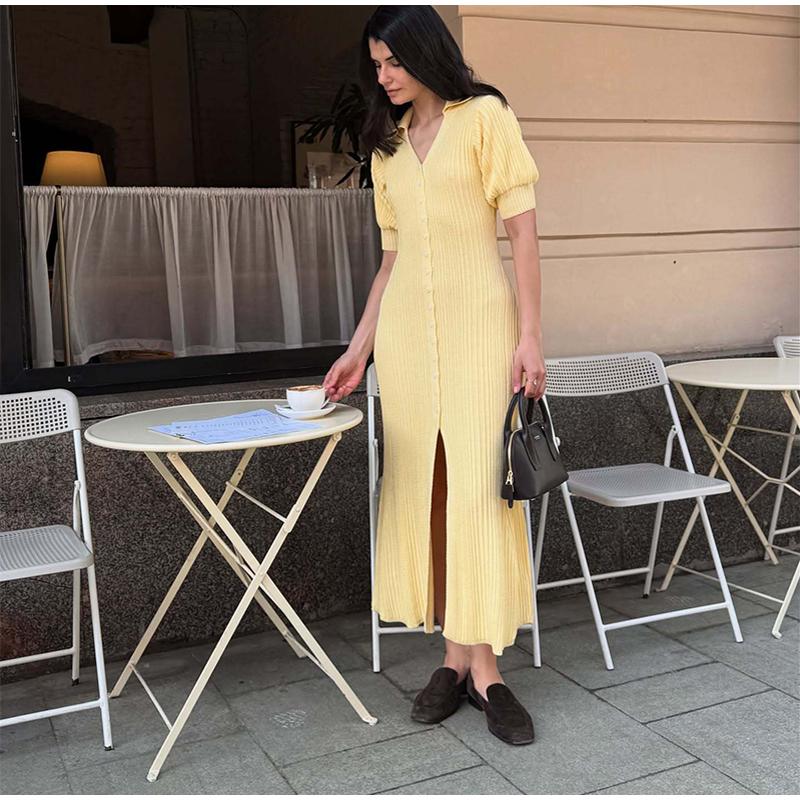 Damen Strickkleider mit Puffärmeln, einreihig geknöpft, lang, frisch, einfarbig, schlankmachend, Sommerneu, eleganter Damenstrickstil