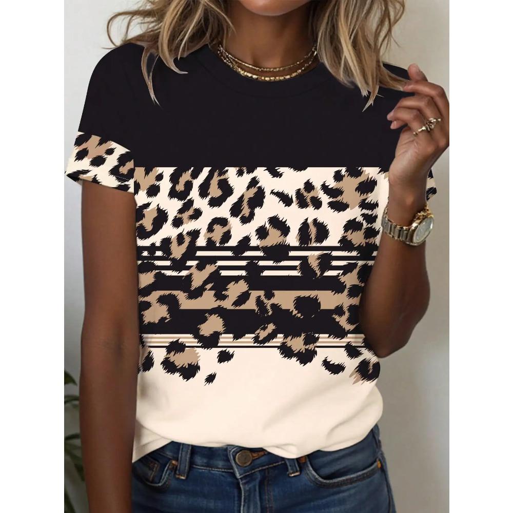 Women's Casual Round Neck T-Shirt with Hand-Drawn Puppy Doodle Print, Short Sleeve Summer Top