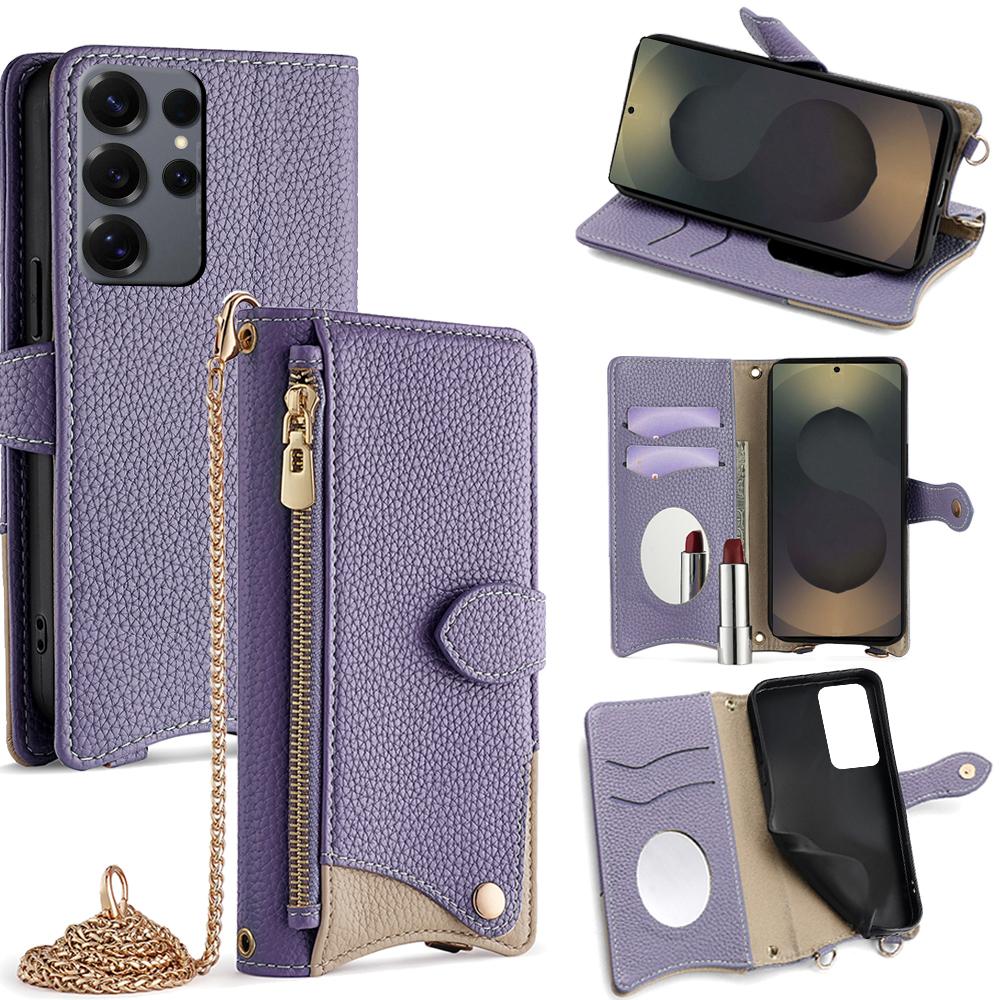 For Samsung Galaxy S25 Ultra Wallet Case Fishtail Design Leather Phone Cover with Mirror/Stand/Strap