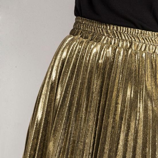 Women Maxi Skirt Elastic High Waist Pleated Golden Long Skirt Slimming Design Spring Summer Skirt Work Leisure Travel Wear