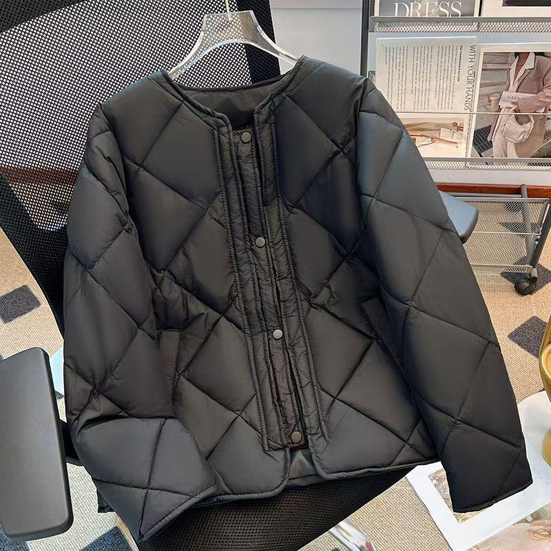 New Autumn and Winter Thin Down Cotton Jacket Collarless Rhombus Grid Small Slim Women's Jacket