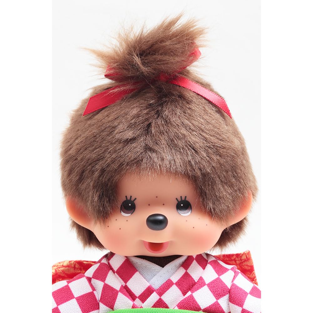 Kyugetsu Official Original Monchhichi Doll in Kimono, Girl, Checkered Pattern, Red IPM-13-Z