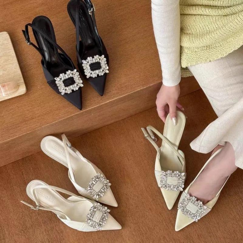 Women's Single Shoes with Heels Thin Heels Pointed Toe Rhinestones Heels Dress Banquet Leaking Heel French Sandalias De Mujer