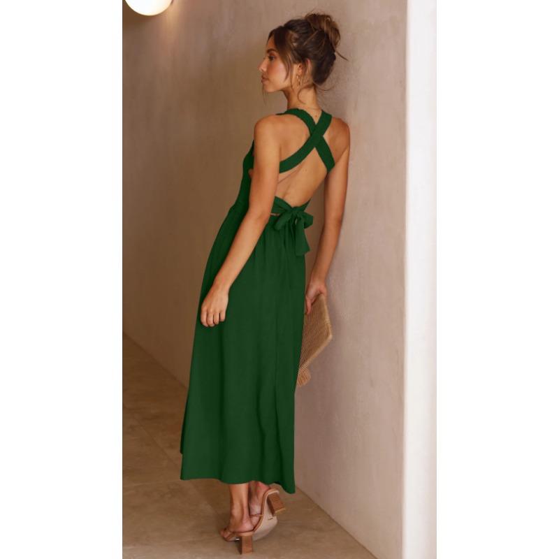 VEZFAA Women's Fashion Summer Spring Solid Color Print Sleeveless Suspenders High Waist Casual Dresses