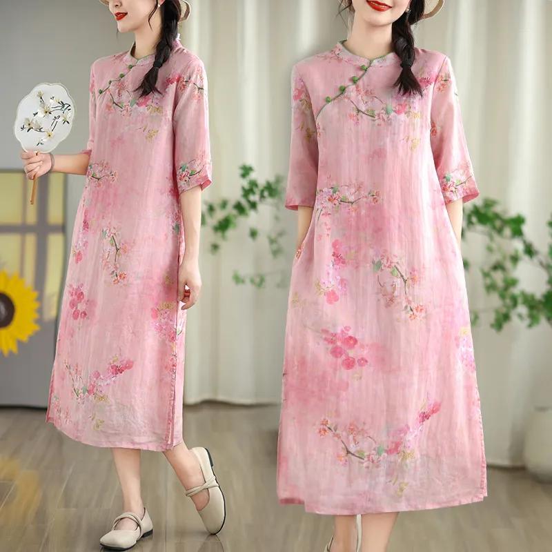 Chinese Style Retro Improved Hanfu Dress Art Ramie Printed Cheongsam Zen Dress National Style  Qipao Women
