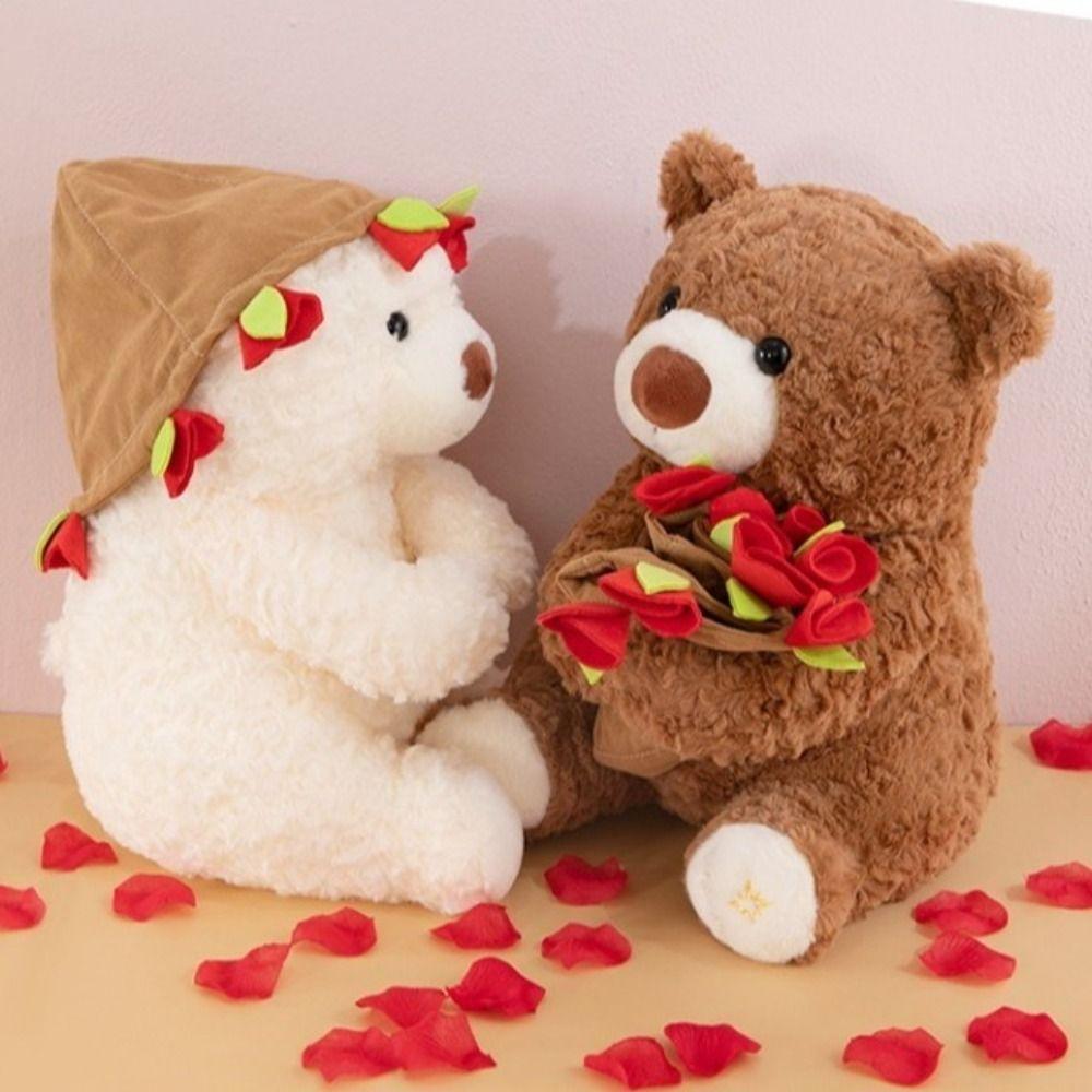 Romantic Holding Flowers Bear Doll Detachable Bear Wear Rose Hat Bouquet Bear Doll Birthday
