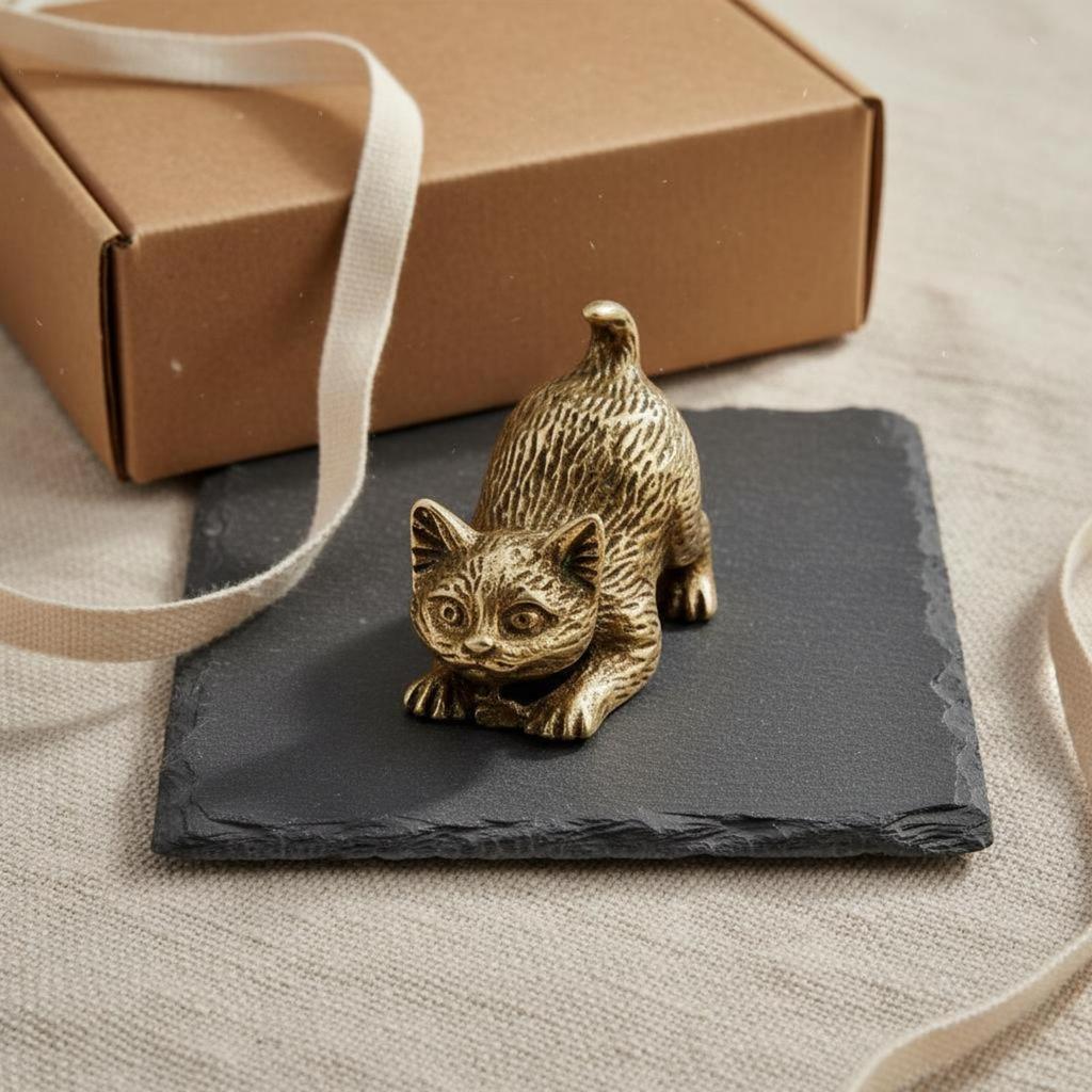 Brass Cat Figurine Handcrafted Miniature Statue Handicraft Tiny Kitten for Collectors,