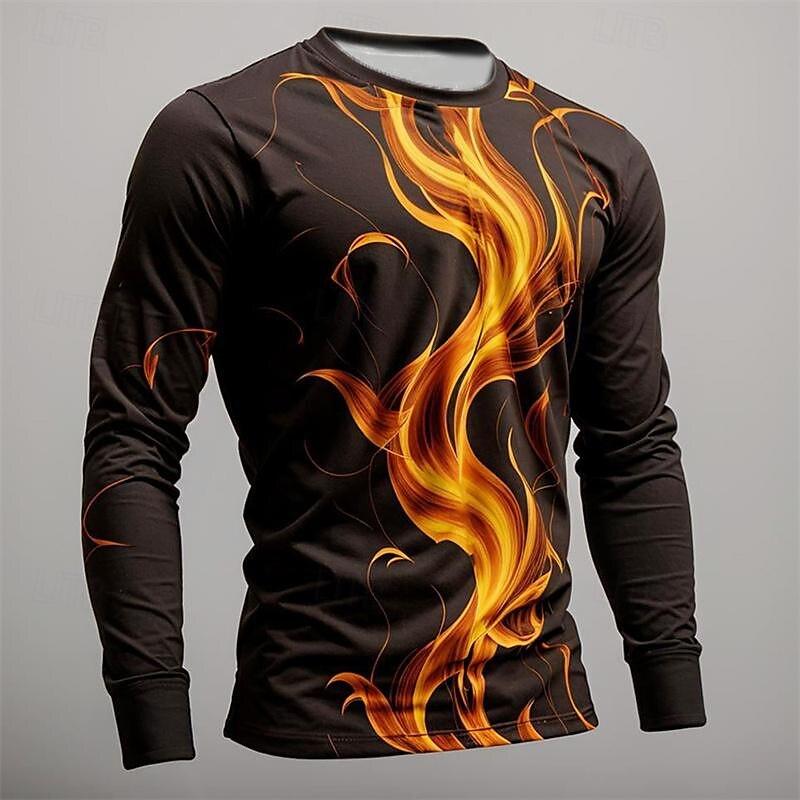3D Flame Print Men's Long Sleeve T-Shirt Fashion Cool Simple Design Casual Pullover Loose Round Neck Breathable Clothes For Male