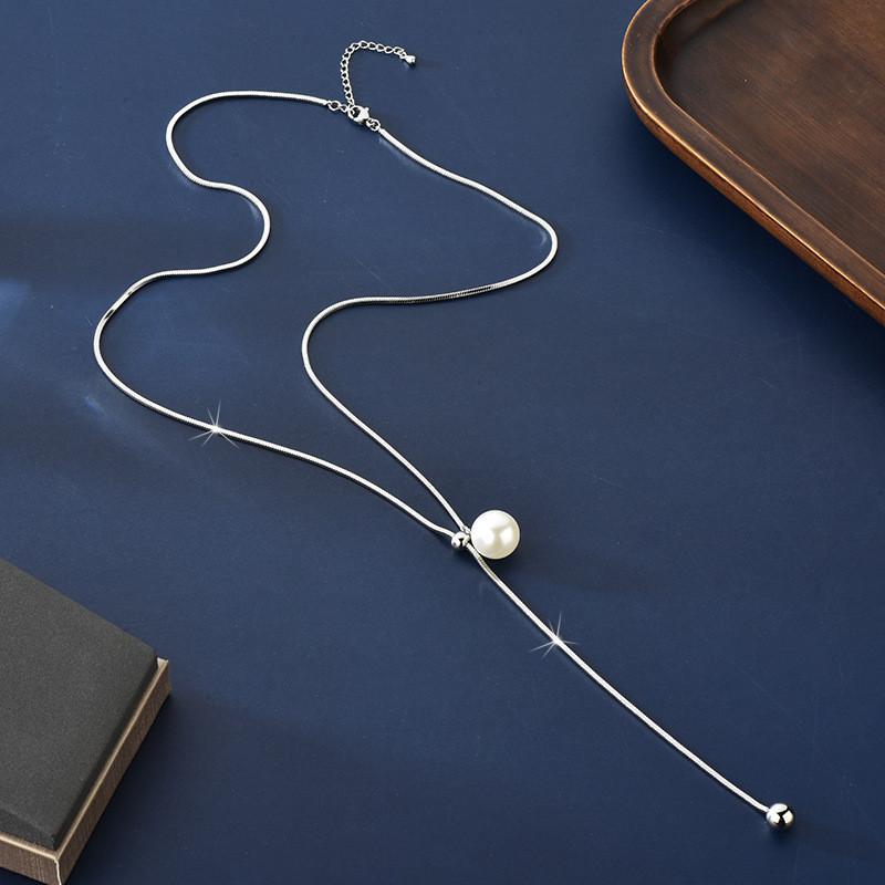 Elegant Pearl Long Necklace For Women In Titanium Steel With Geometric Design Ideal For Fall And Winter Fashion