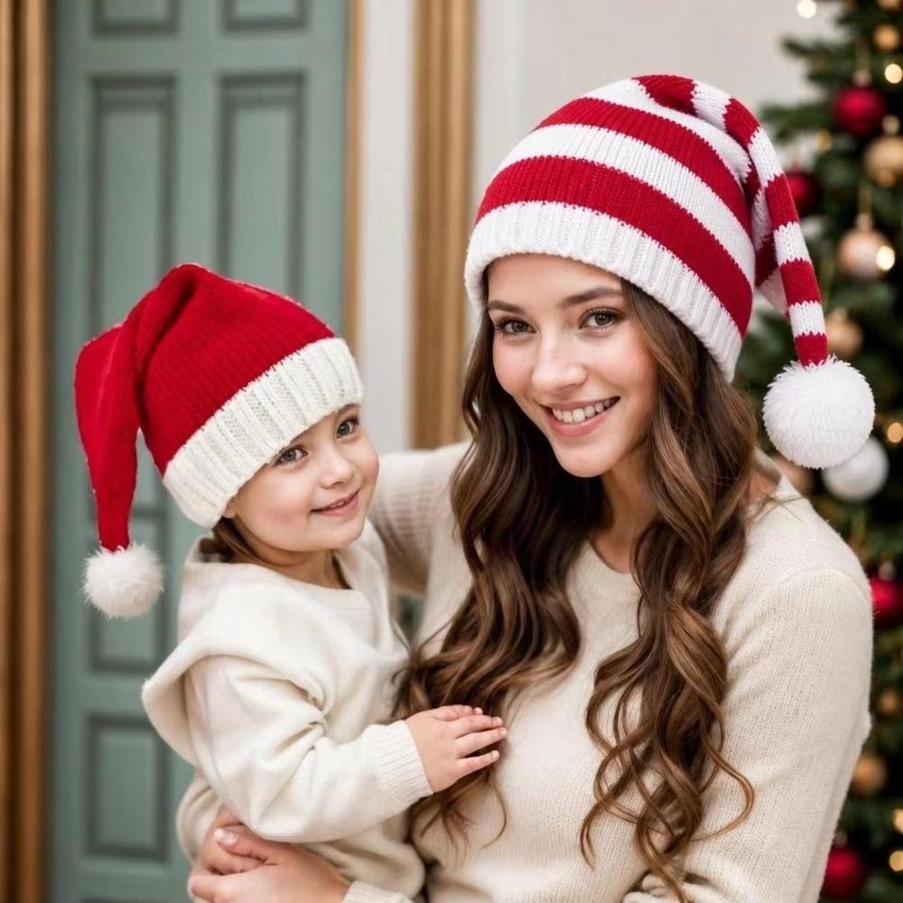 Green Red Christmas Knitted Hat Stripe Parent Child Hat All-match Santa Beanie Hat Winter/Autumn