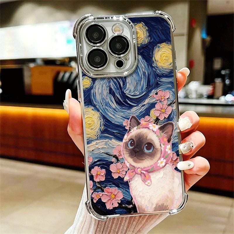 

Cute Floral Headscarf Kitten Plating Phone Case For Iphone 16 17 Pro Max Air 16E 14 15 Plus 12 13 Mini Anti-Fall Airabag Cover iPhone 13 Pro