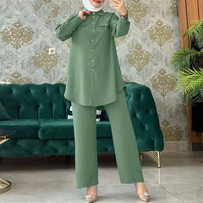 Muslim women's clothing spring and summer lapel collar long-sleeved bag cover shirt trousers set first-hand supply is comfortable